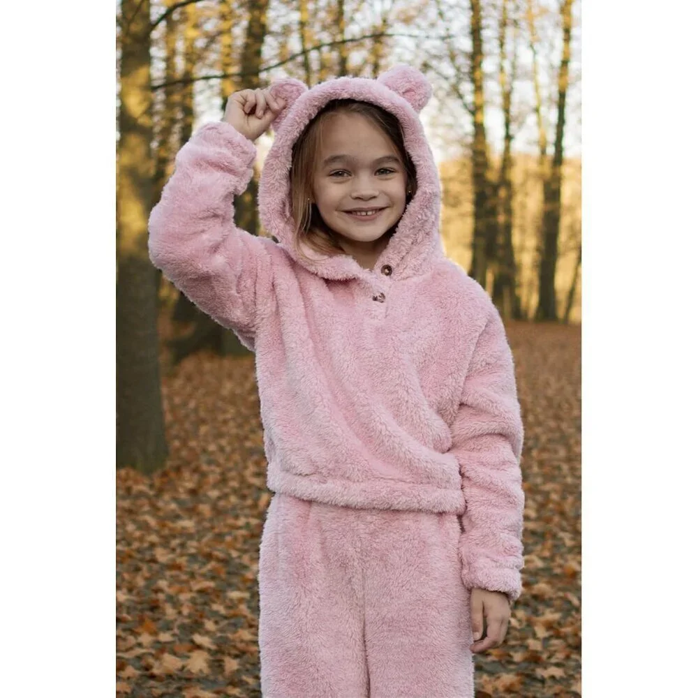 Girls 2 Piece Outfits Sweatsuit Fuzzy Long Sleeve Bear Ear Hoodie Sweatshirt and